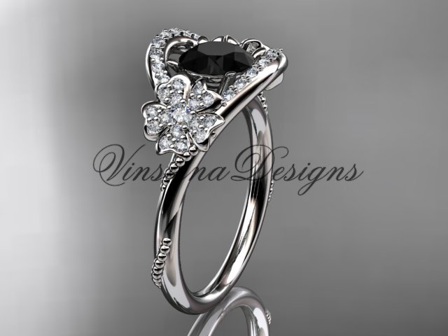 14kt white gold diamond Cherry Blossom flower, Sakura engagement ring Black Diamond VD8326