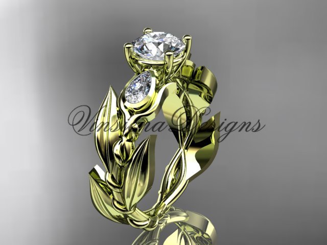 14k yellow gold leaf and vine, tulip flower engagement ring, "Forever One" Moissanite VD10050