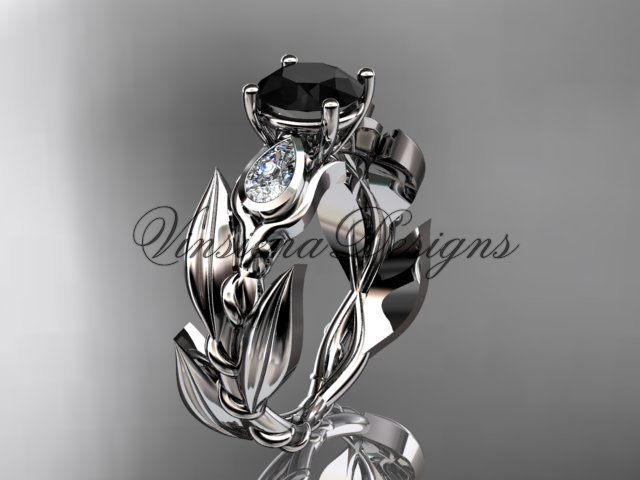 14k white gold leaf and vine, tulip flower engagement ring, Black Diamond VD10050