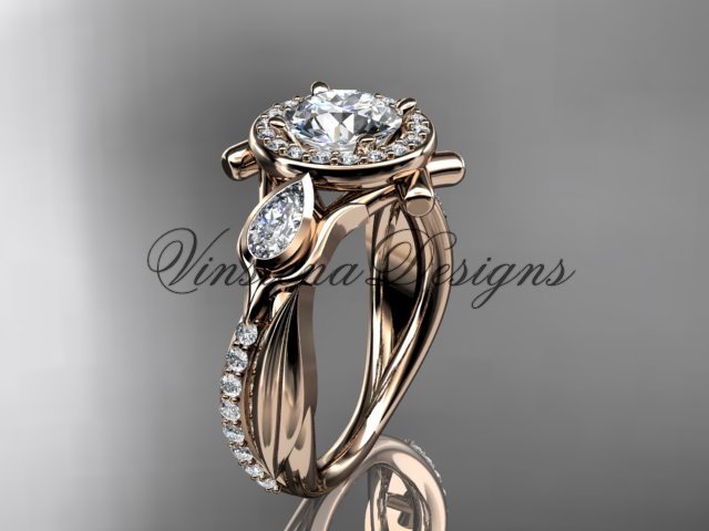 14kt rose gold diamond leaf and vine, engagement ring, "Forever One" Moissanite VD10053