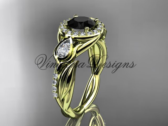 14kt yellow gold diamond leaf and vine, tulip flower engagement ring, Black Diamond VD10054