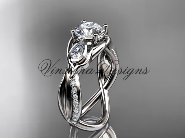 14kt white gold diamond leaf and vine, engagement ring, "Forever One" Moissanite VD10056