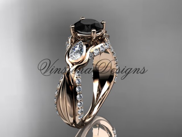 14kt rose gold diamond leaf and vine wedding ring, engagement ring, Black Diamond VD10060