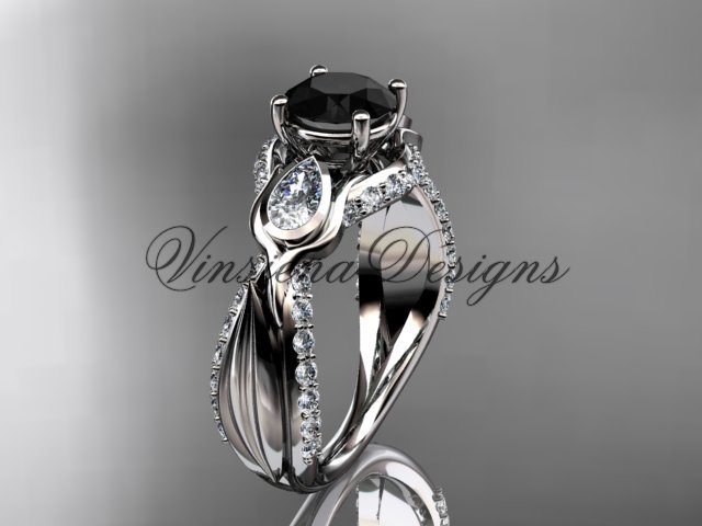 14kt white gold diamond leaf and vine, tulip flower engagement ring, Black Diamond VD10060