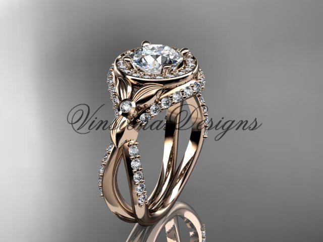 14k rose gold leaf and vine, flower engagement ring, Moissanite VD10065