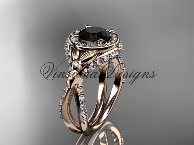 14kt rose gold leaf and vine, flower engagement ring, Black Diamond VD10065