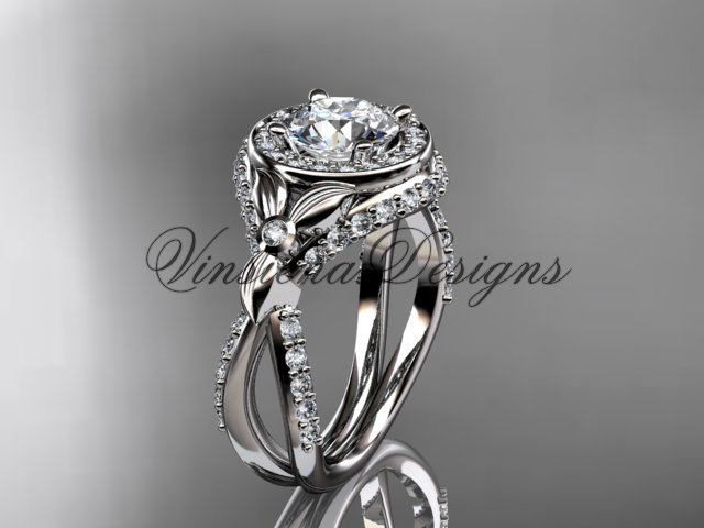 Platinum leaf and vine, flower engagement ring, VD10065