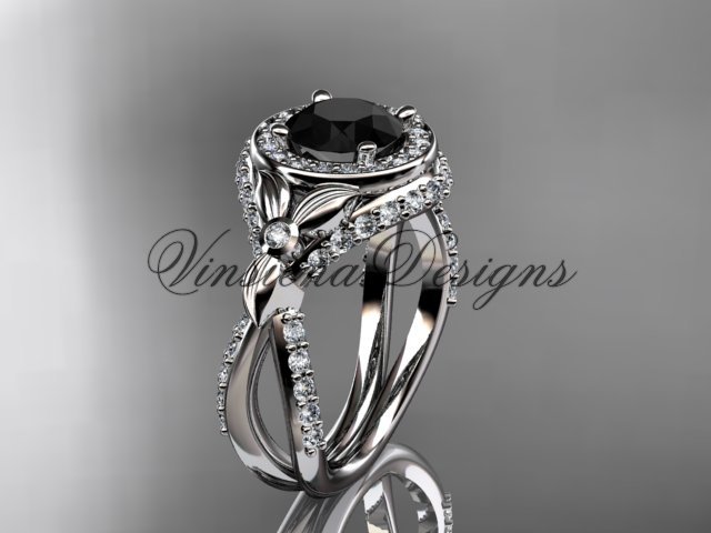 Platinum leaf and vine, flower engagement ring, Black Diamond VD10065