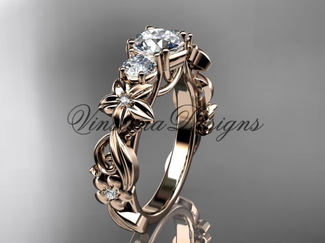 14k rose gold Three stone engagement ring,"Forever One" Moissanite VD10066