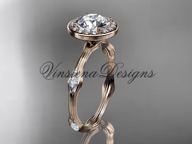 14k rose gold leaf and vine engagement ring, "Forever One" Moissanite VD10075