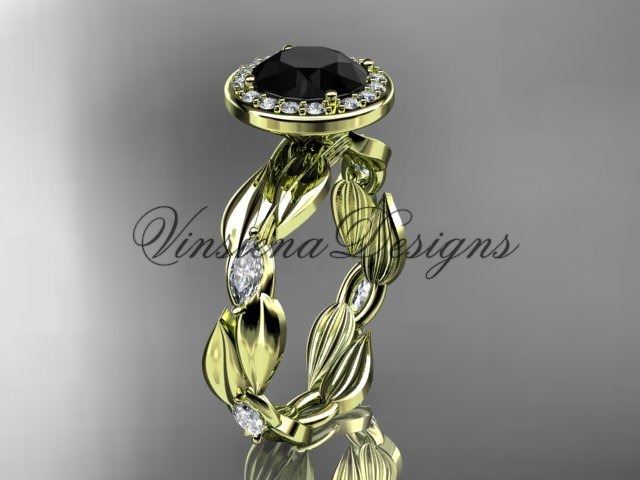 14k yellow gold leaf and vine engagement ring, Black Diamond VD10076