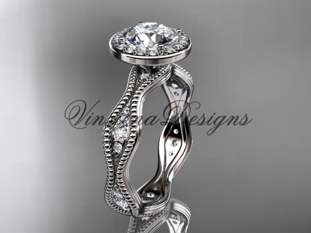 14k white gold diamond engagement ring, "Forever One" Moissanite VD10081
