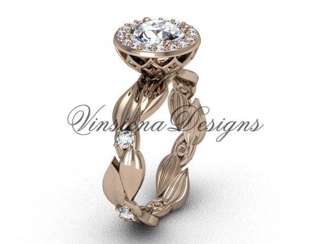 14kt rose gold diamond leaf and vine engagement ring, "Forever One" Moissanite VF301004