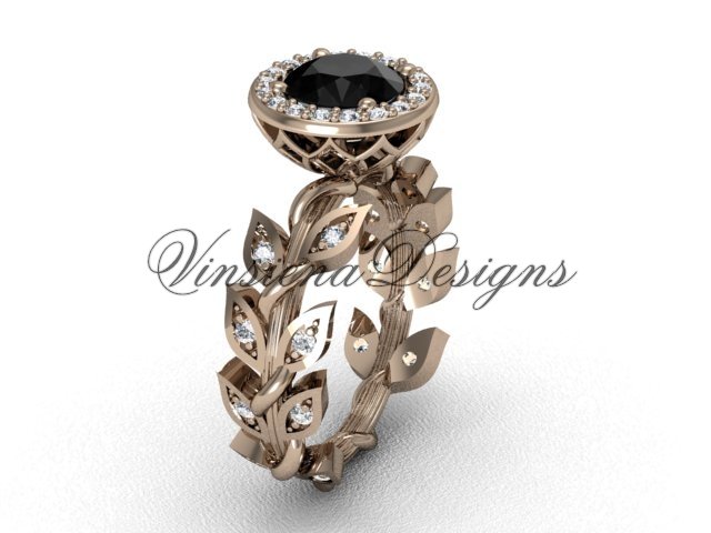 14kt rose gold diamond leaf and vine engagement ring, Black Diamond VF301006