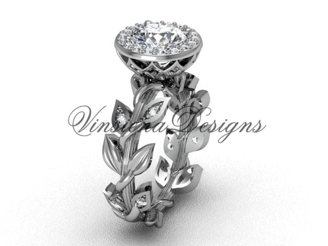 platinum diamond leaf and vine engagement ring, "Forever One" Moissanite VF301007