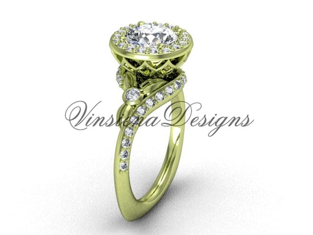 14kt yellow gold diamond leaf and vine engagement ring, "Forever One" Moissanite VF301008