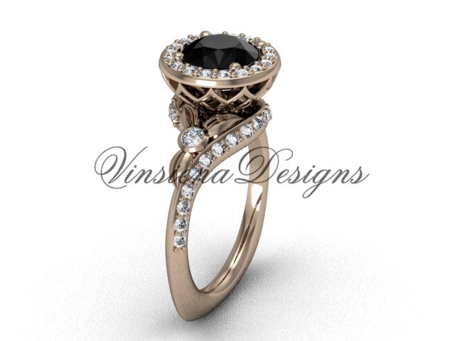 14kt rose gold diamond leaf and vine engagement ring, Black Diamond VF301008