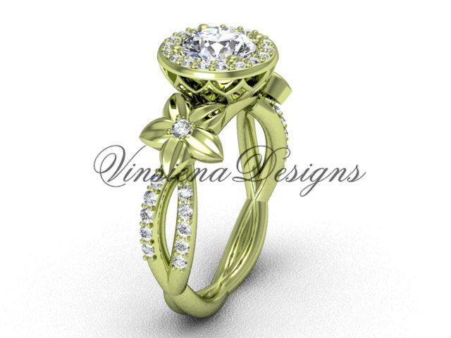 14kt yellow gold flower engagement ring, "Forever One" Moissanite VF301010
