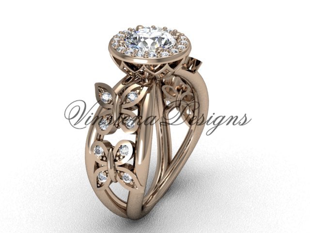 14kt rose gold butterfly engagement ring, "Forever One" Moissanite VF301013