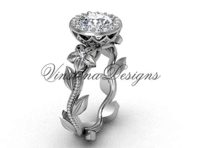 14kt white gold diamond leaf and vine engagement ring, Moissanite VF301016
