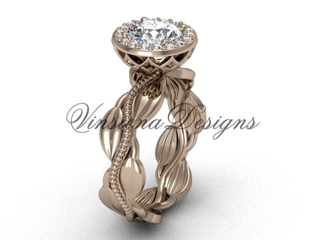 14kt rose gold diamond leaf and vine engagement ring, "Forever One" Moissanite VF301021