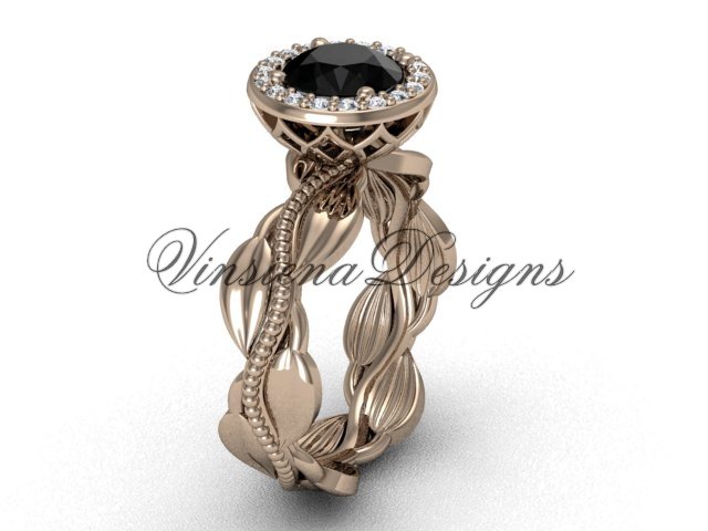 14kt rose gold diamond leaf and vine engagement ring, Black Diamond VF301021