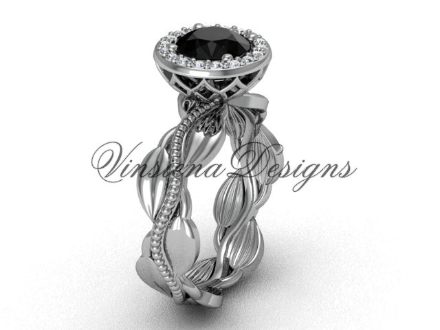 platinum diamond leaf and vine engagement ring, Black Diamond VF301021