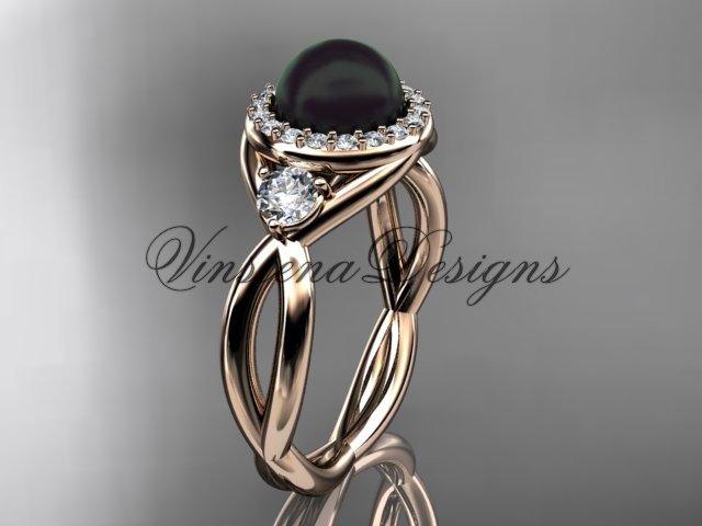 14kt rose gold diamond, Round Tahitian Black Cultured Pearl, halo engagement ring VBP8127