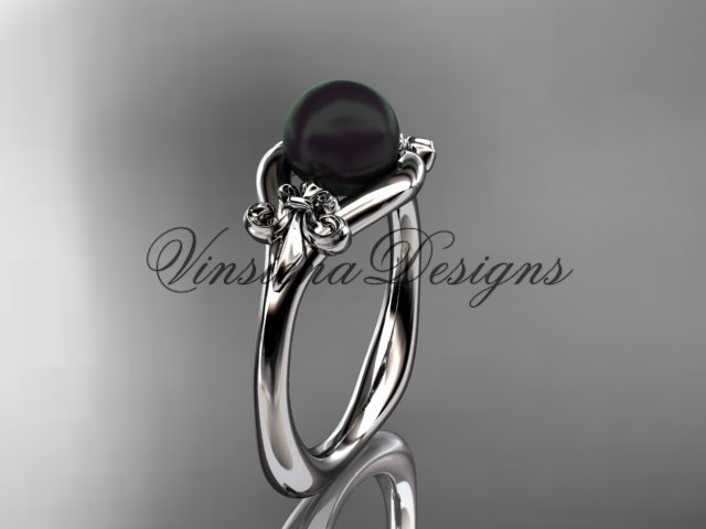 14k white gold Fleur de Lis, Round Tahitian Black Cultured Pearl engagement ring VBP10022