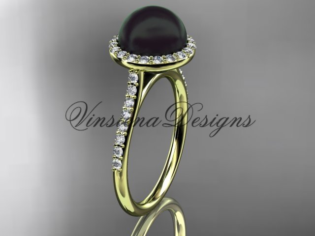 Unique 14kt yellow golddiamond, Round Tahitian Black Cultured Pearl, halo engagement ring VBP10030