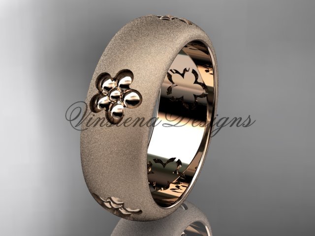 14kt rose gold floral matte finish engagement ring, wedding band VF301023G
