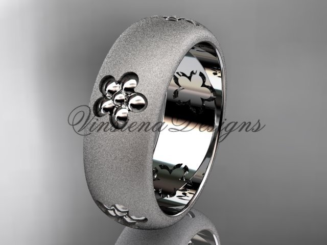 14kt white gold floral matte finish engagement ring, wedding band VF301023G