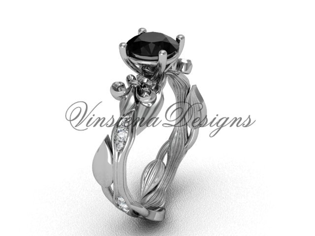 14kt white gold diamond leaf and vine, Fleur de Lis, Black Diamond engagement ring VD20831