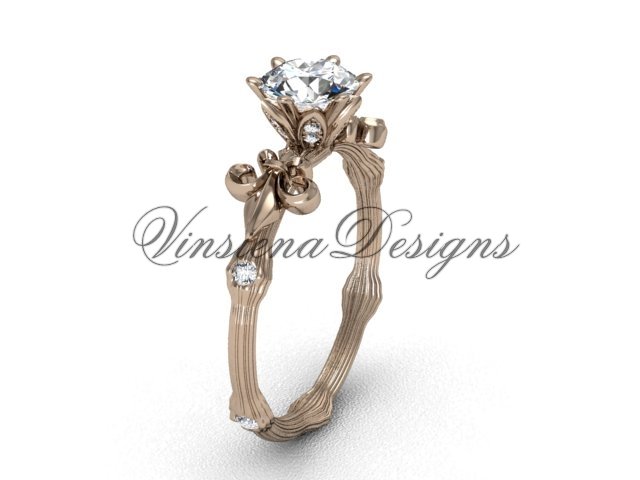 14kt rose gold diamond leaf and vine, Fleur de Lis, Moissanite engagement ring VD20838