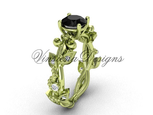 14k yellow gold diamond leaf and vine, Fleur de Lis, Black Diamond engagement ring VD20859