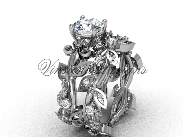 14k white gold diamond leaf and vine, Fleur de Lis engagement set VD20859S