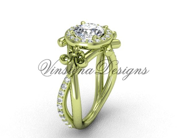 14kt yellow gold diamond Fleur de Lis, halo engagement ring VD20889
