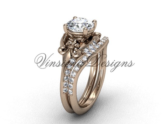 14kt rose gold diamond Fleur de Lis, eternity engagement ring, Moissanite engagement set VD208125S