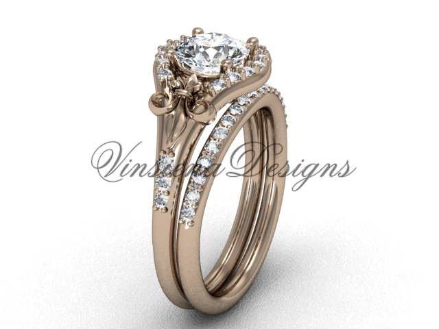 14kt rose gold diamond Fleur de Lis, eternity engagement ring, Moissanite engagement set VD208126S