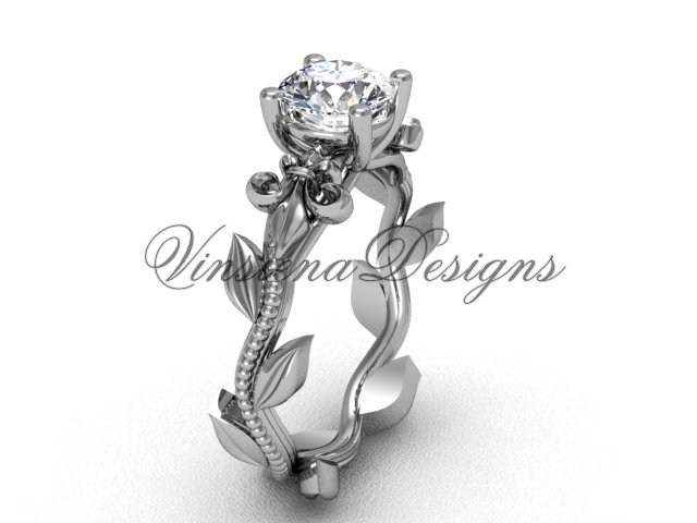 14kt white gold leaf and vine, Fleur de Lis engagement ring VD208223