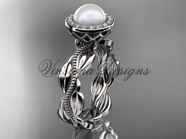 Platinum, pearl, diamond, leaf and vine, halo engagement ring VFP301021