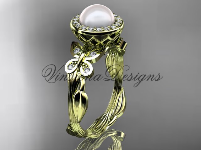 14kt yellow gold, pearl, butterfly, leaf and vine, halo engagement ring VFP301020