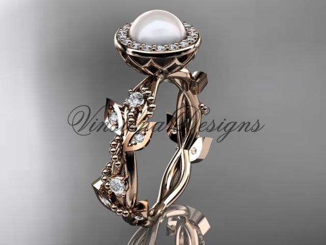 14kt rose gold, pearl, diamond, leaf and vine,halo engagement ring VFP301018