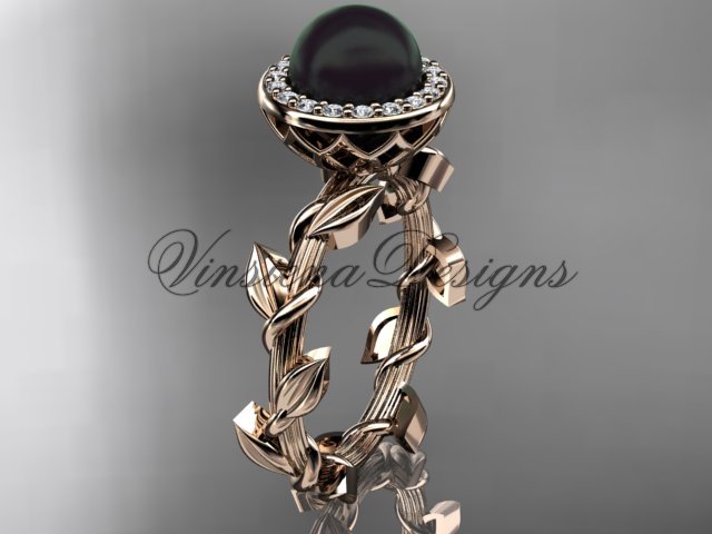 14kt rose gold, pearl, diamond, leaf and vine, halo engagement ring VFBP301015