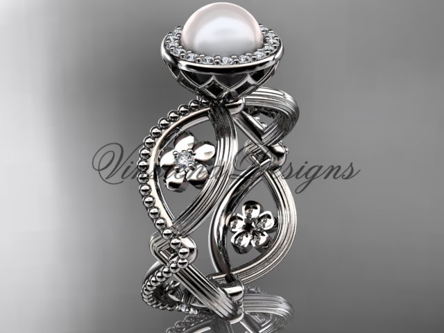 platinum, pearl, flower, halo engagement ring VFP301014