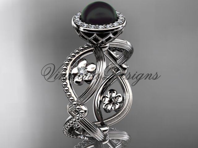 14kt white gold, pearl, flower, halo engagement ring VFBP301014