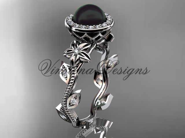 14kt white gold pearl, diamond leaf and vine, floral, halo engagement ring VFBP301012