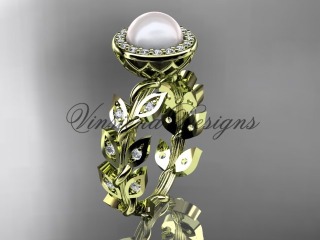 14kt yellow gold pearl, diamond leaf and vine engagement ring VFP301006