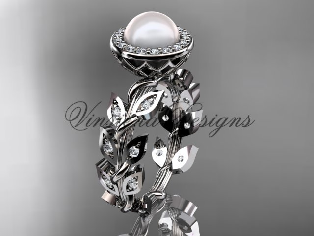 Platinum pearl, diamond leaf and vine engagement ring VFP301006