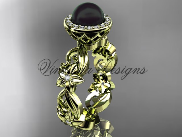 14kt yellow gold diamond leaf and vine, flower, pearl, halo wedding ring, engagement ring VFBP301001